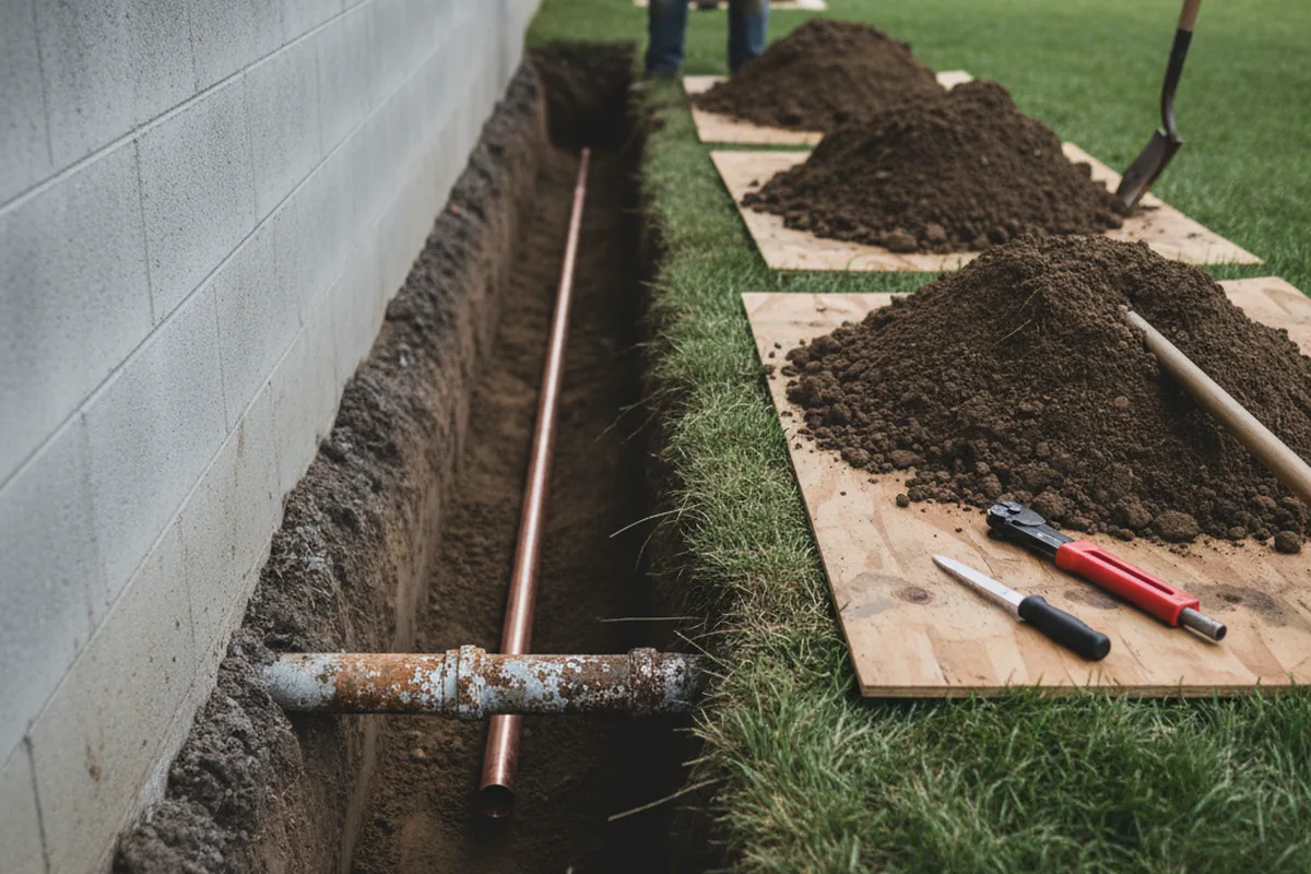 Excavated water line trench during Sewer Line Repair in Ross